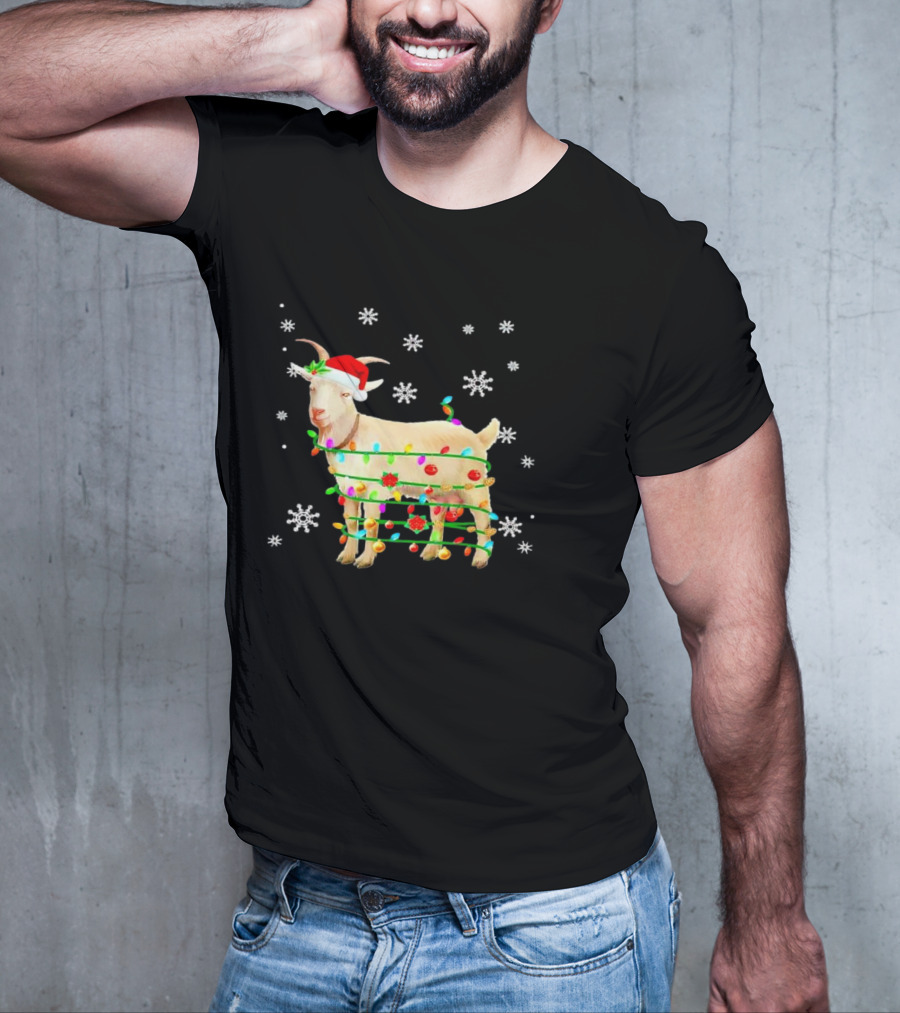Goat Wrapped In Christmas Lights With Santa Hat And Snowflakes T-Shirt