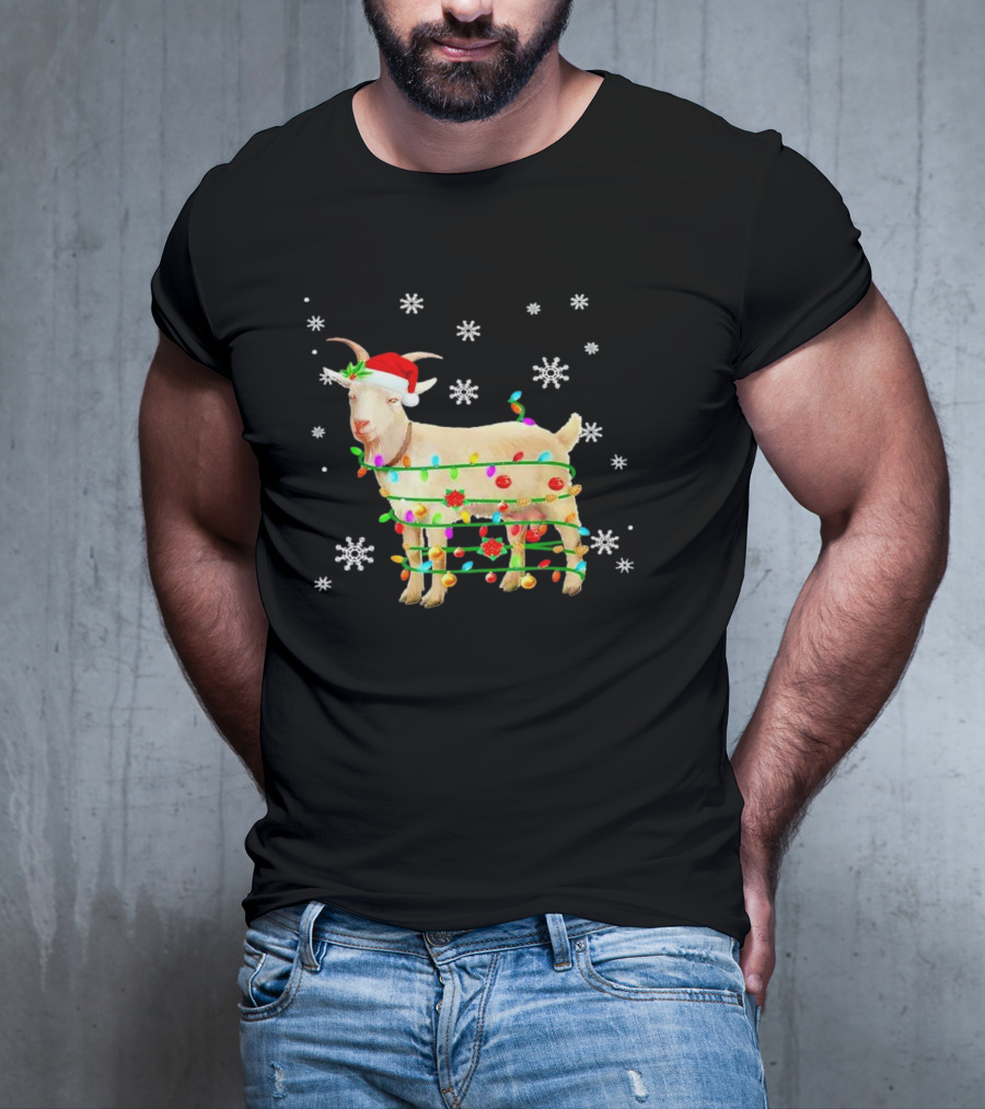 Goat Wrapped In Christmas Lights With Santa Hat And Snowflakes T-Shirt
