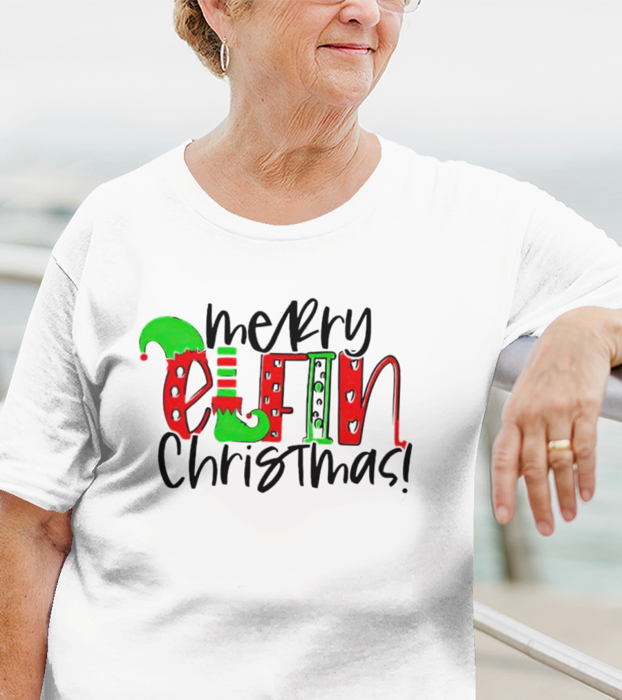 Merry Elfin Christmas Green Elf Shoe And Hat Red Stripes And Polka Dots T-Shirt
