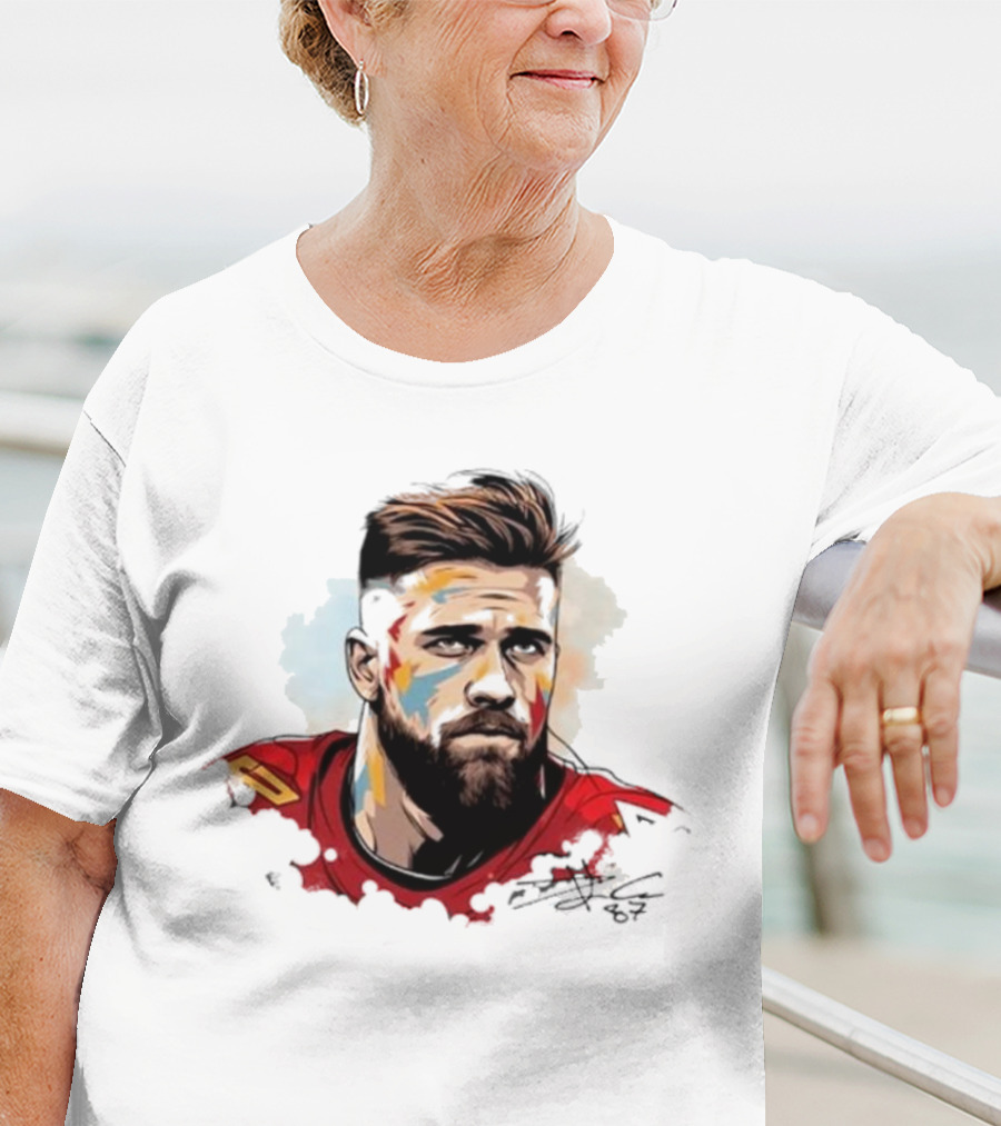 Travis Kelce Signed Portrait Artwork In Red Jersey T-Shirt