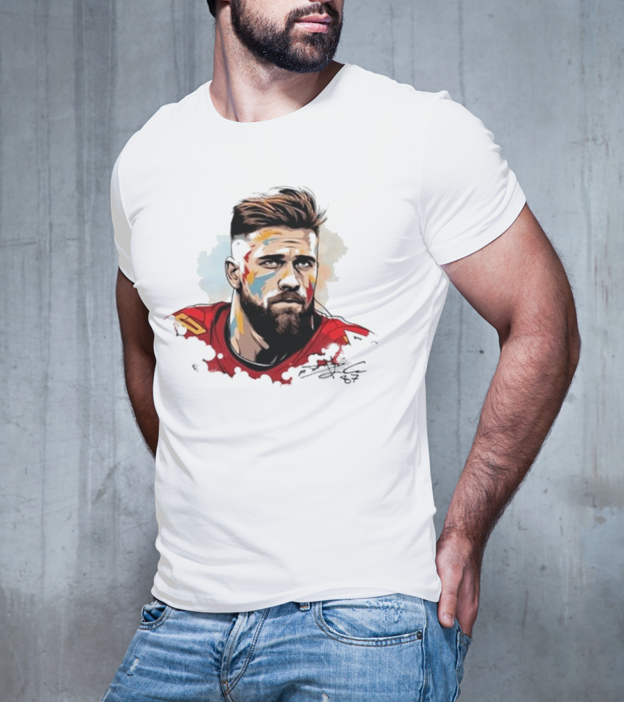 Travis Kelce Signed Portrait Artwork In Red Jersey T-Shirt