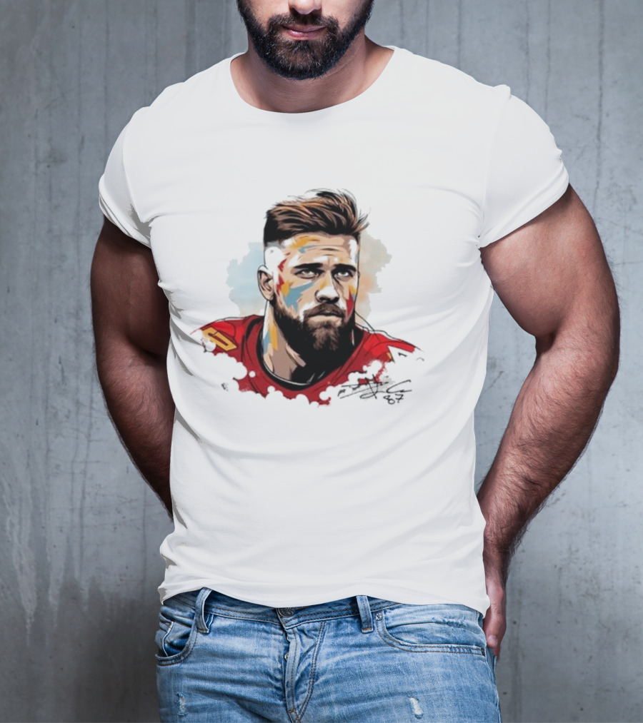 Travis Kelce Signed Portrait Artwork In Red Jersey T-Shirt