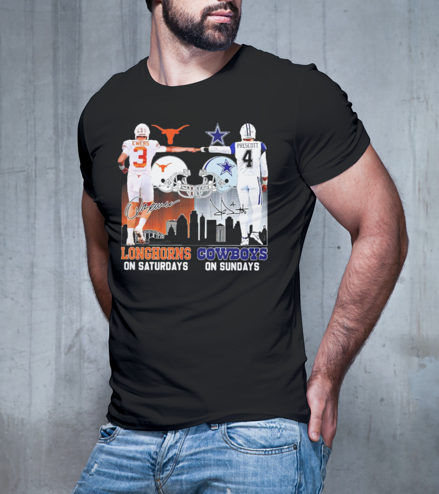 Ewers Longhorns On Saturdays Prescott Cowboys On Sundays Football Helms And Skyline T-Shirt
