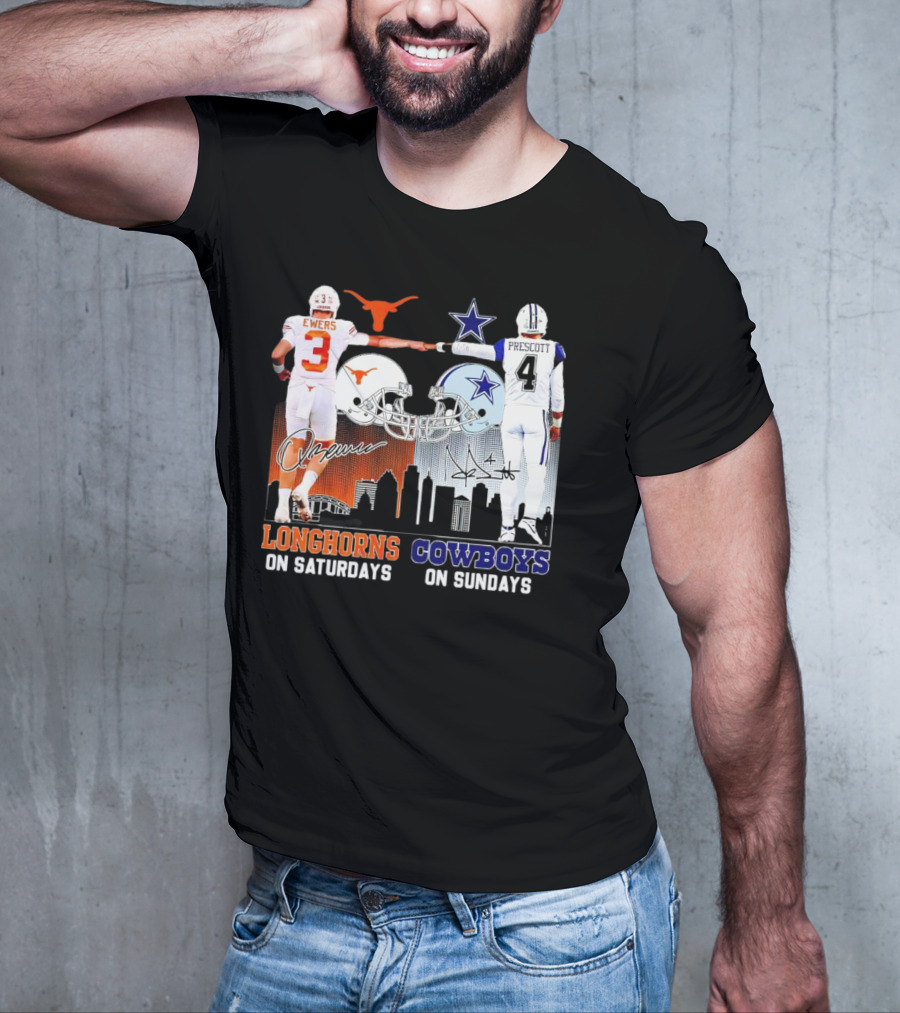 Ewers Longhorns On Saturdays Prescott Cowboys On Sundays Football Helms And Skyline T-Shirt