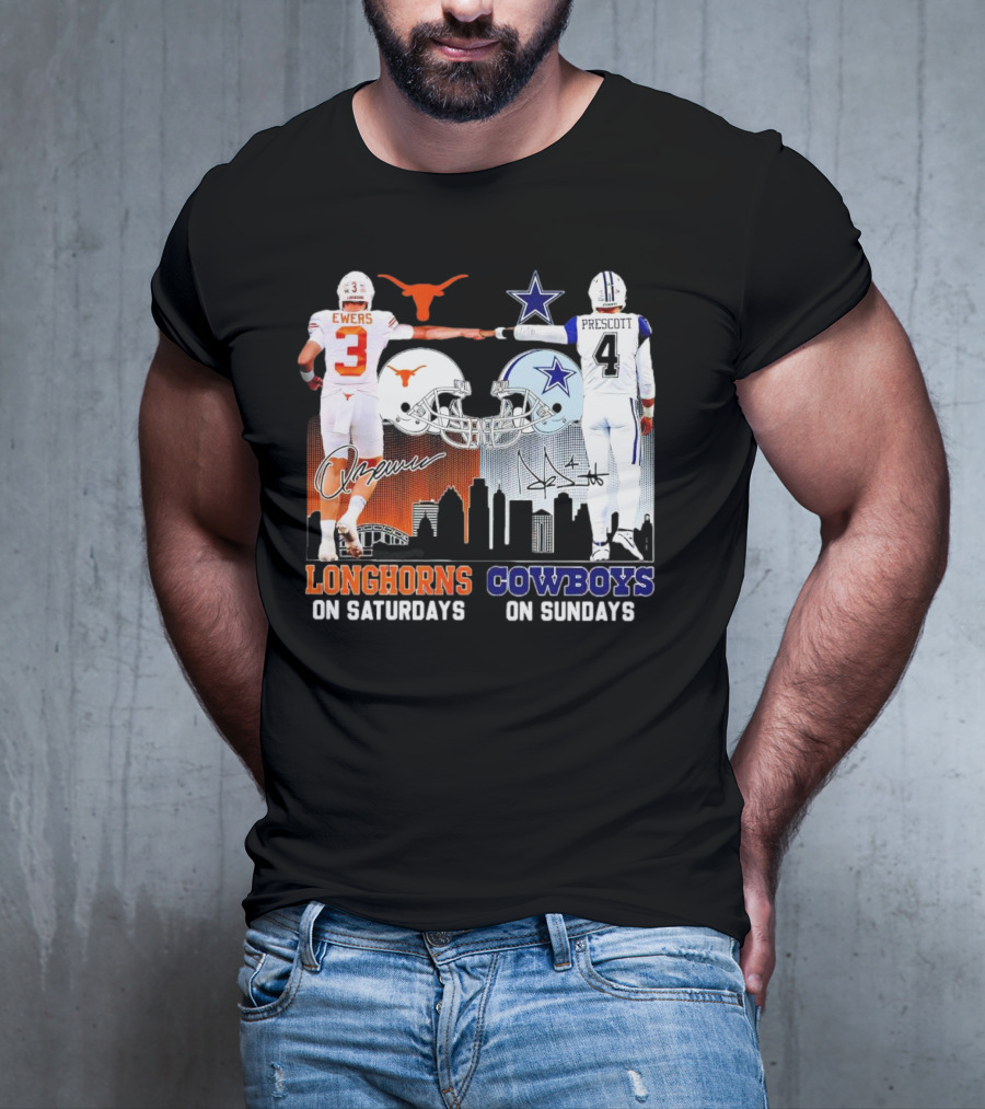 Ewers Longhorns On Saturdays Prescott Cowboys On Sundays Football Helms And Skyline T-Shirt