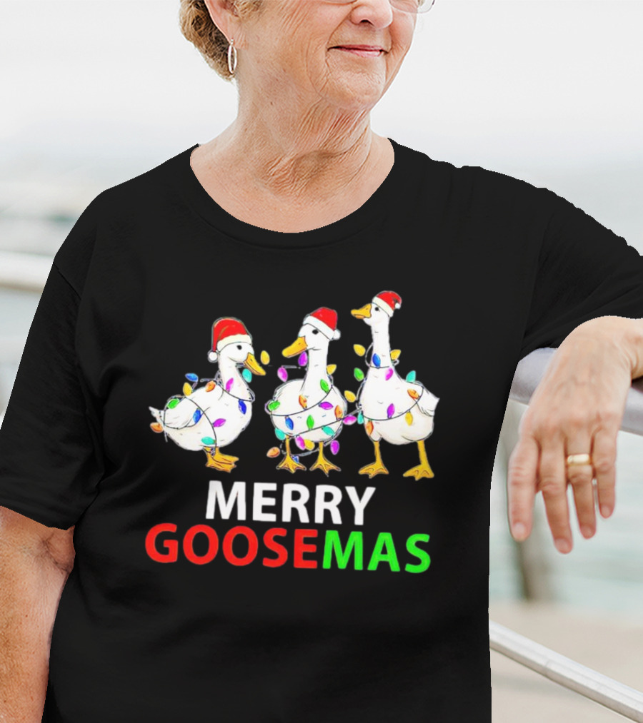 Merry Goosemas Santa Hat Geese Wrapped In Christmas Lights T-Shirt