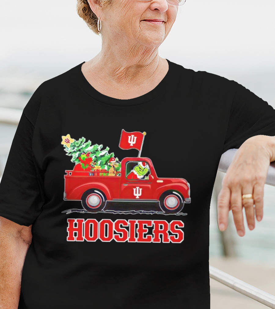 Grinch Driving Indiana Hoosiers Christmas Truck With Holiday Tree T-Shirt