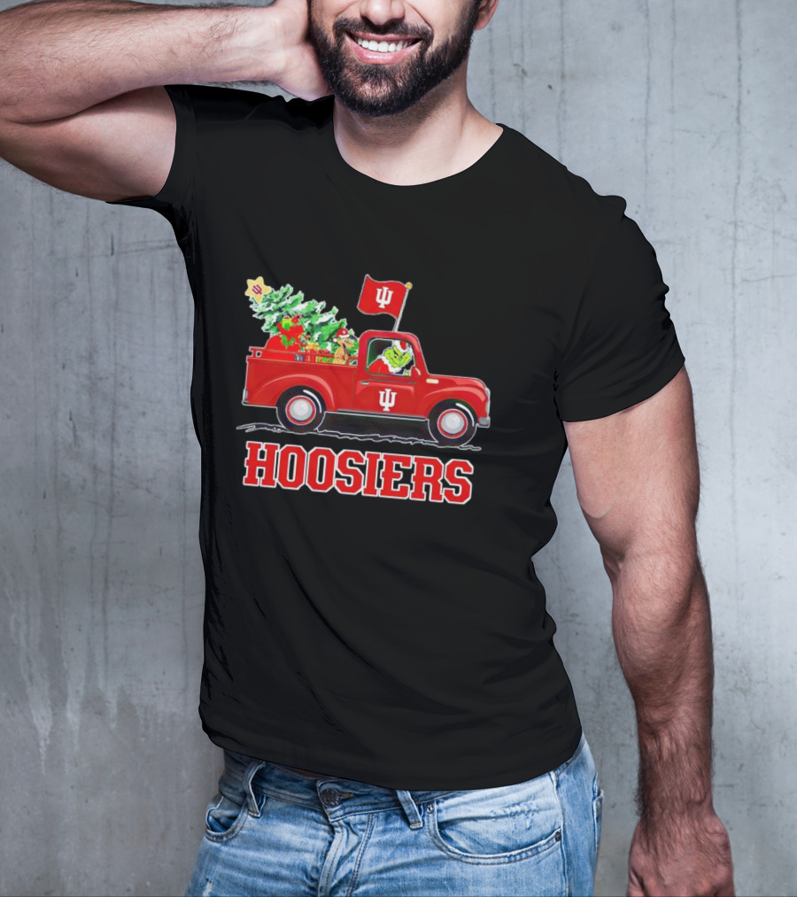 Grinch Driving Indiana Hoosiers Christmas Truck With Holiday Tree T-Shirt