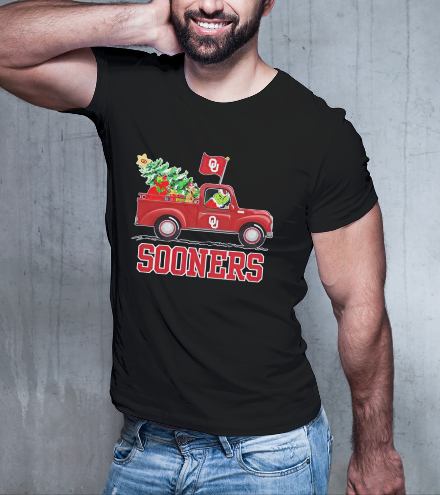 Grinch Driving Red Truck With Christmas Tree Oklahoma Sooners T-Shirt