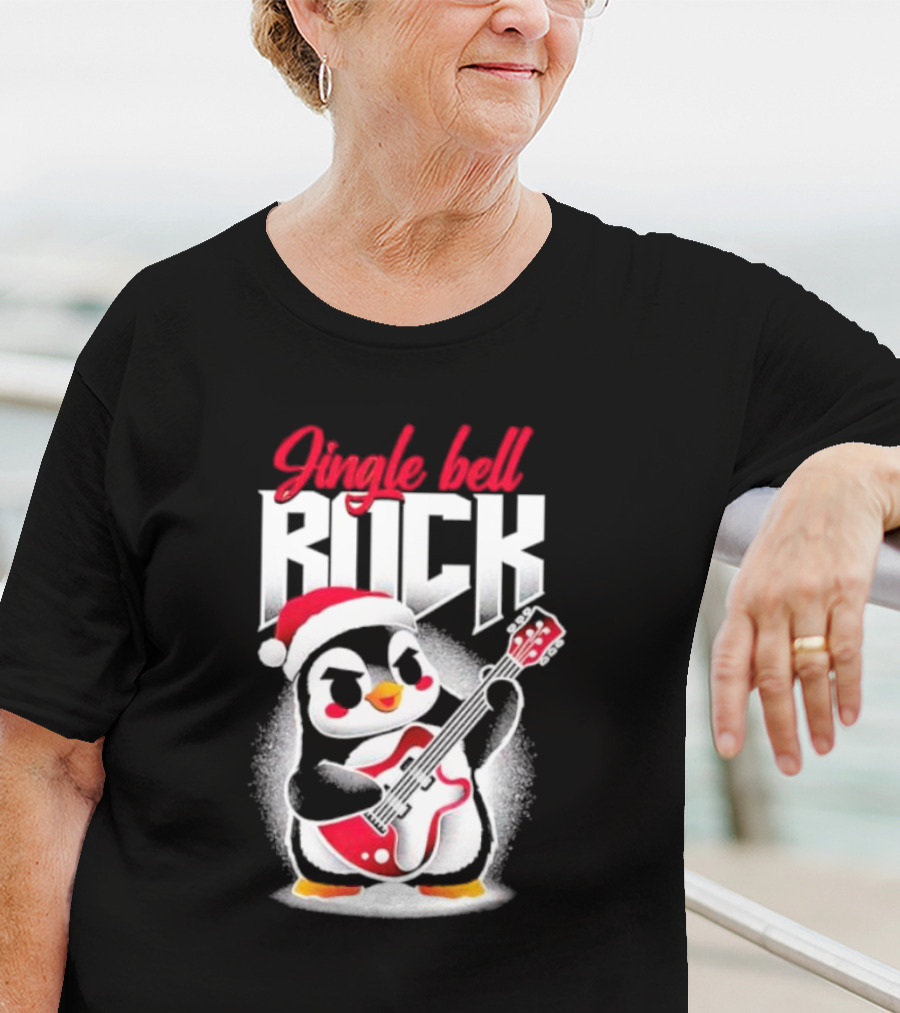 Jingle Bell Rock Penguin Playing Christmas Guitar In Santa Hat T-Shirt