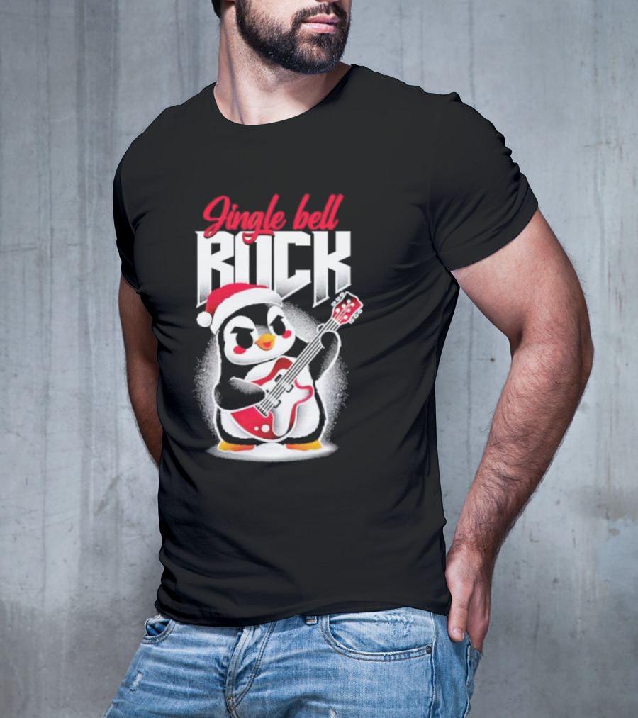 Jingle Bell Rock Penguin Playing Christmas Guitar In Santa Hat T-Shirt