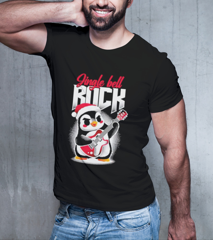 Jingle Bell Rock Penguin Playing Christmas Guitar In Santa Hat T-Shirt