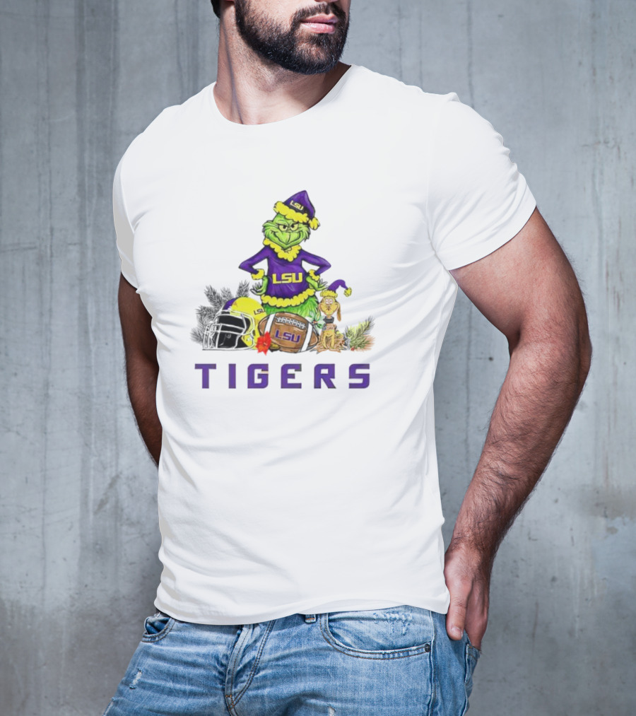 LSU Tigers Grinch And Max Dog Christmas Football T-Shirt
