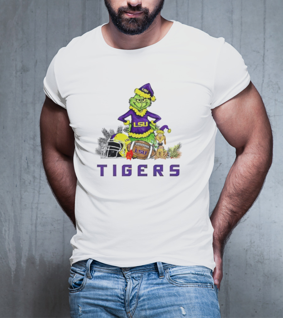 LSU Tigers Grinch And Max Dog Christmas Football T-Shirt