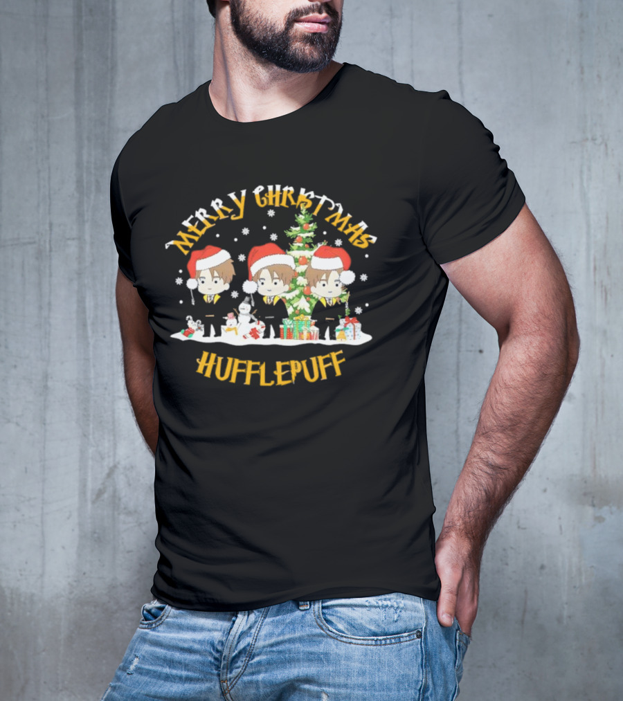 Merry Christmas Hufflepuff Characters With Santa Hats And Christmas Tree T-Shirt