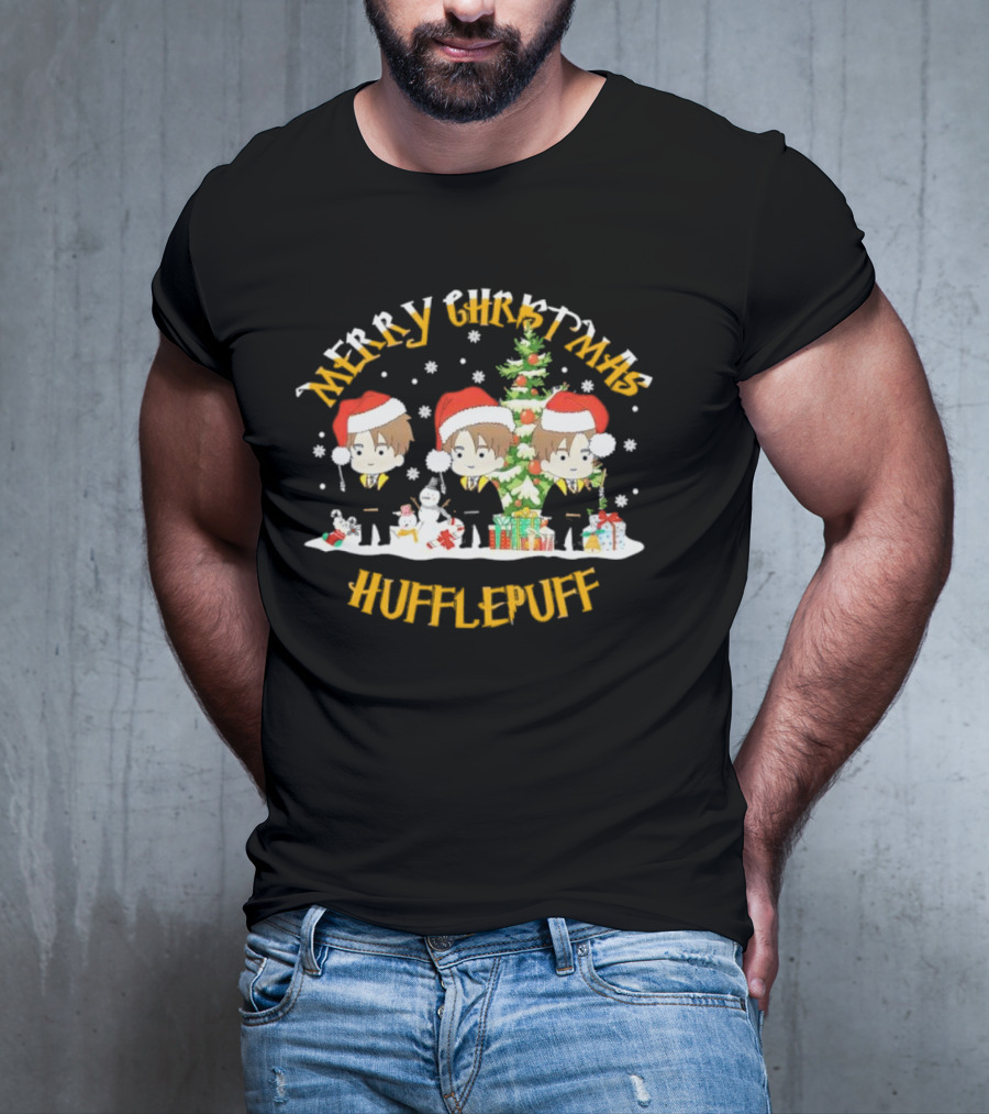 Merry Christmas Hufflepuff Characters With Santa Hats And Christmas Tree T-Shirt