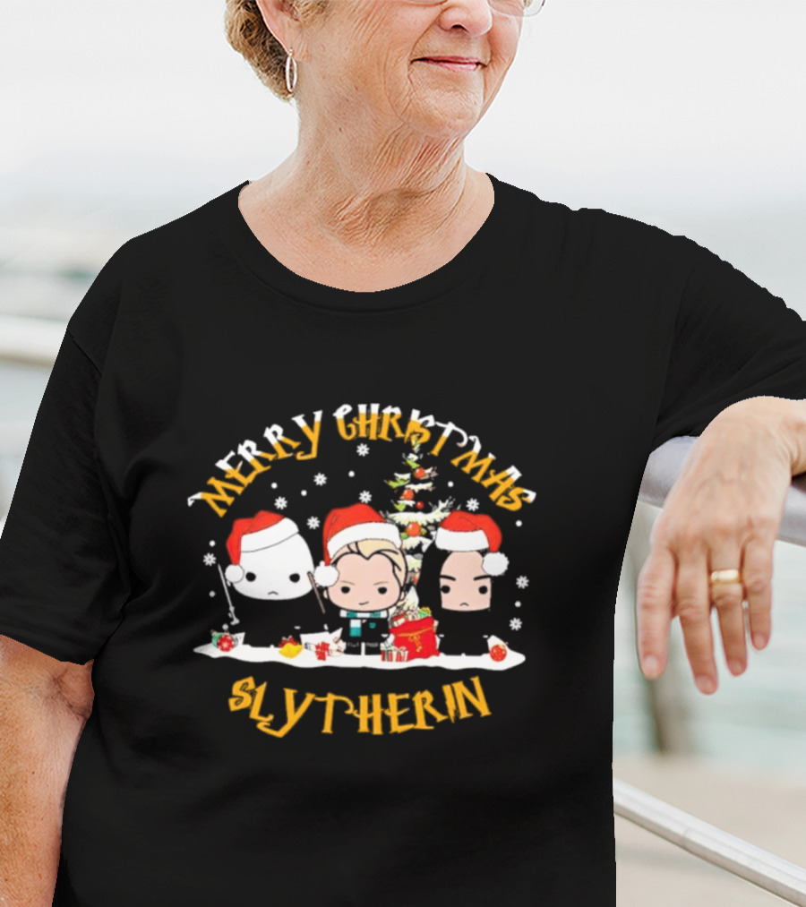 Merry Christmas Slytherin Characters With Holiday Tree And Santa Hats T-Shirt
