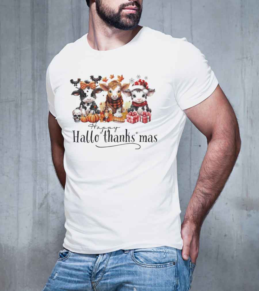 Happy HalloThanksMas Baby Cows With Pumpkins And Gifts T-Shirt