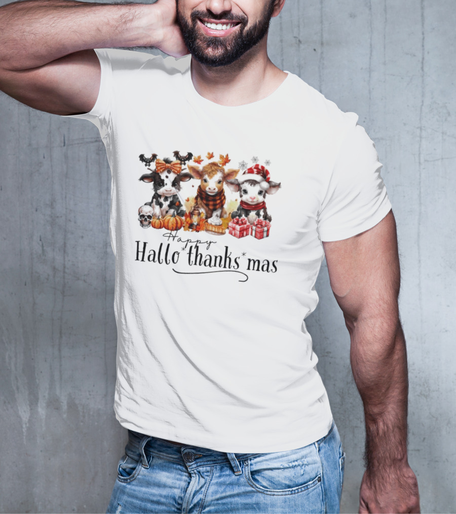 Happy HalloThanksMas Baby Cows With Pumpkins And Gifts T-Shirt