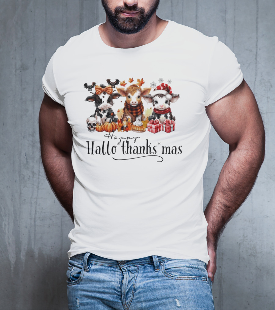 Happy HalloThanksMas Baby Cows With Pumpkins And Gifts T-Shirt