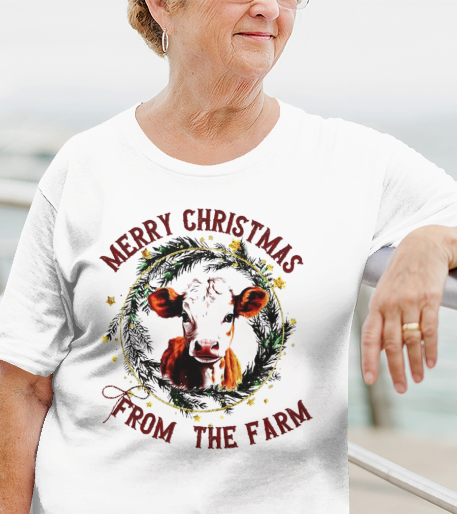 Merry Christmas Cow Wreath From The Farm T-Shirt