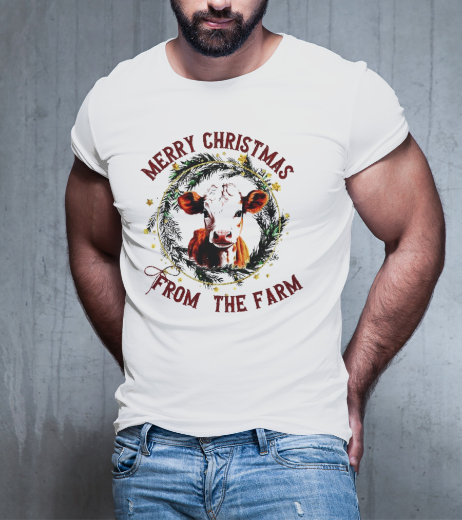 Merry Christmas Cow Wreath From The Farm T-Shirt