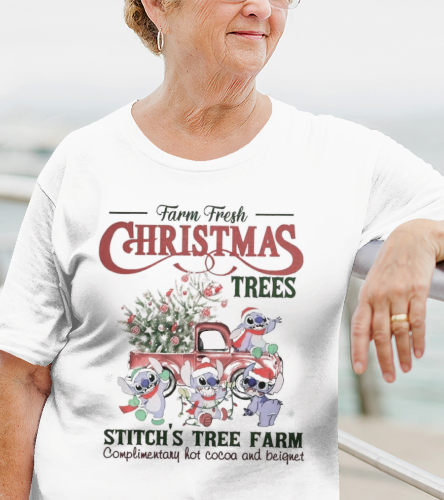 Farm Fresh Christmas Trees Stitch’s Tree Farm Complimentary Hot Cocoa And Beignet T-Shirt