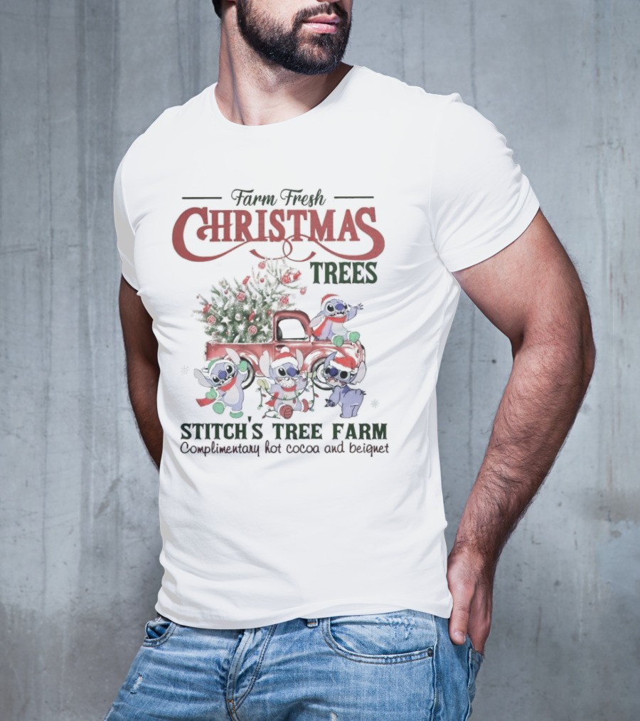 Farm Fresh Christmas Trees Stitch’s Tree Farm Complimentary Hot Cocoa And Beignet T-Shirt