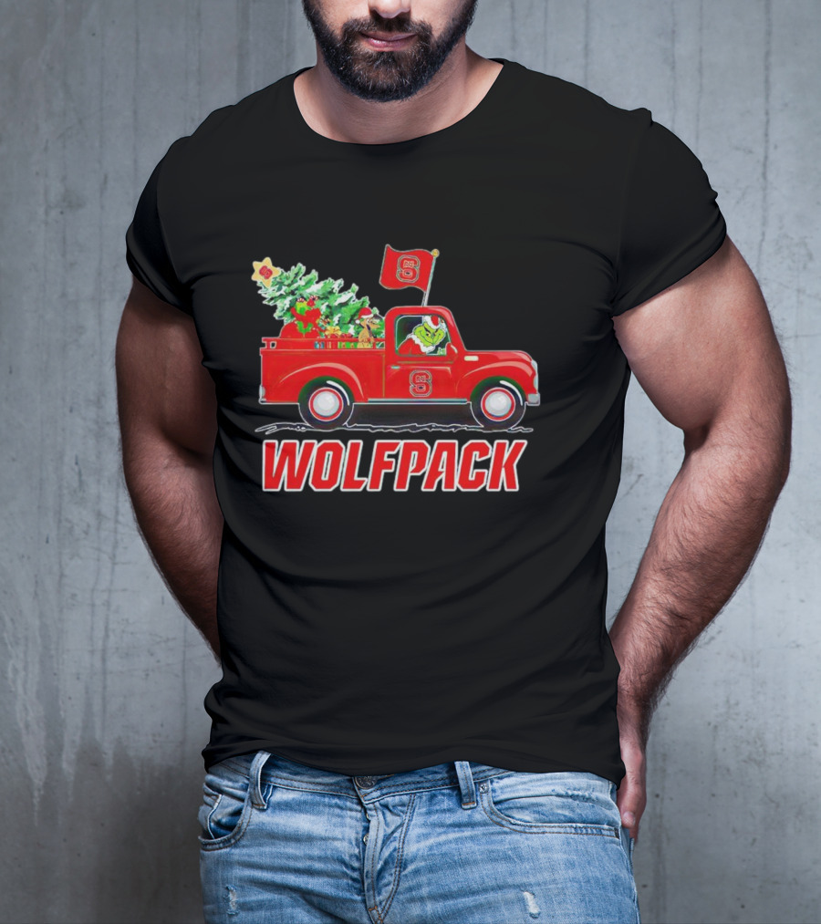 Grinch Driving NC State Wolfpack Christmas Truck With Tree And Flag T-Shirt