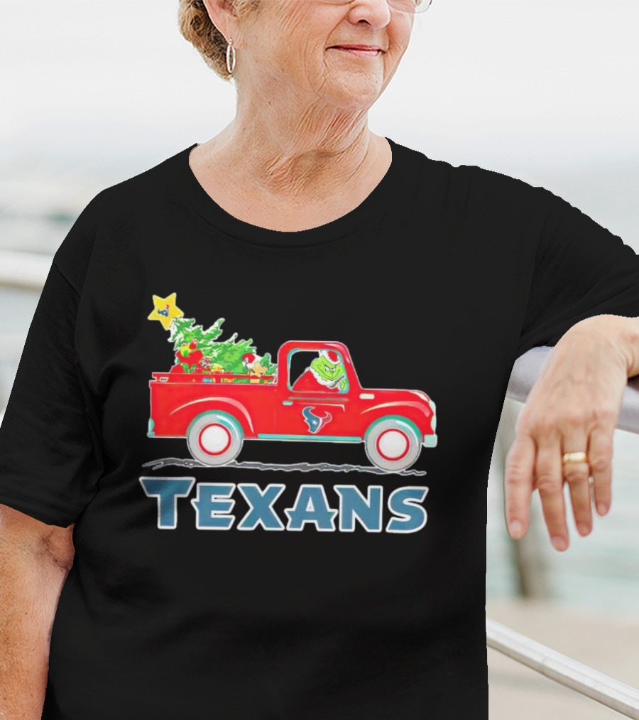 Grinch Driving Red Christmas Truck With Houston Texans T-Shirt