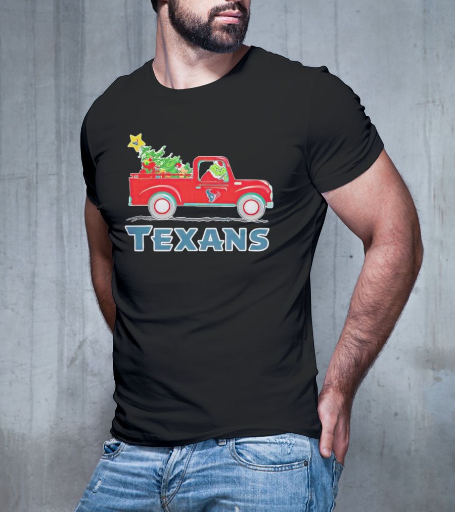 Grinch Driving Red Christmas Truck With Houston Texans T-Shirt
