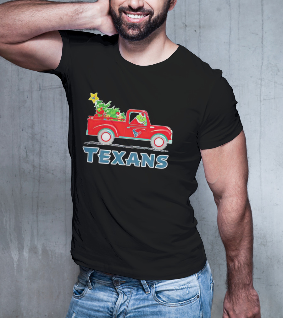 Grinch Driving Red Christmas Truck With Houston Texans T-Shirt