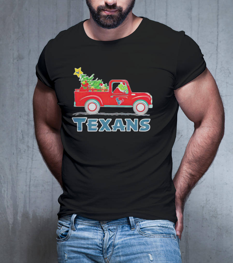 Grinch Driving Red Christmas Truck With Houston Texans T-Shirt