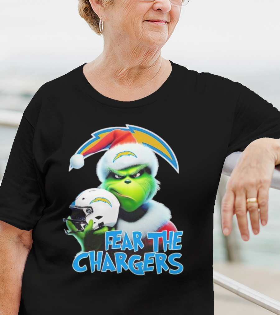 Grinch Santa Holding Los Angeles Chargers Helmet Fear The Chargers T-Shirt