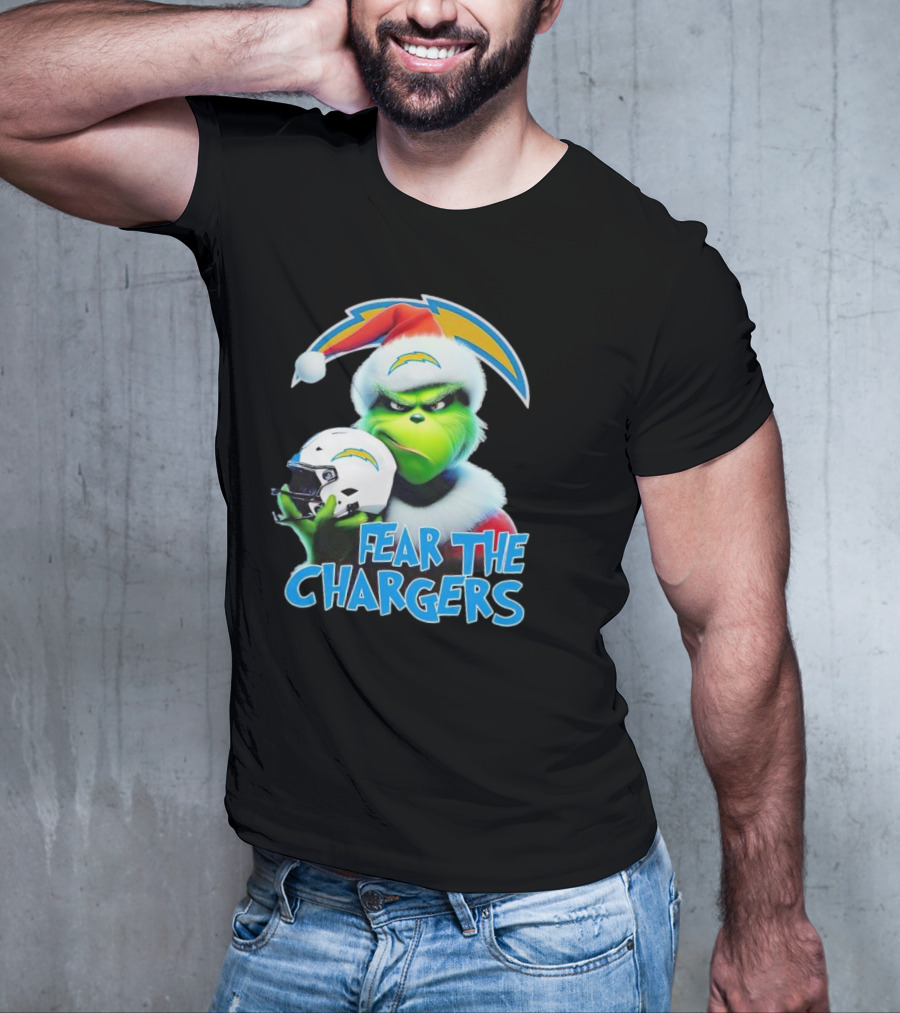 Grinch Santa Holding Los Angeles Chargers Helmet Fear The Chargers T-Shirt