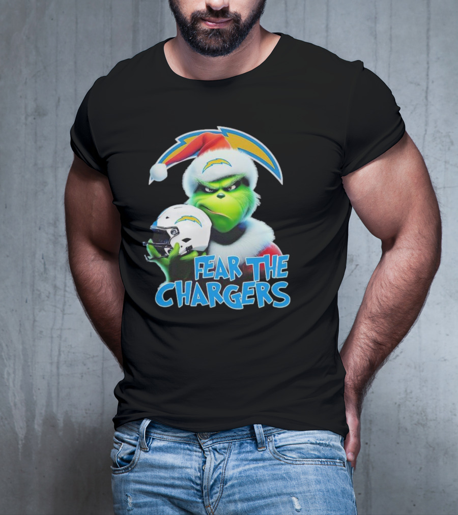 Grinch Santa Holding Los Angeles Chargers Helmet Fear The Chargers T-Shirt