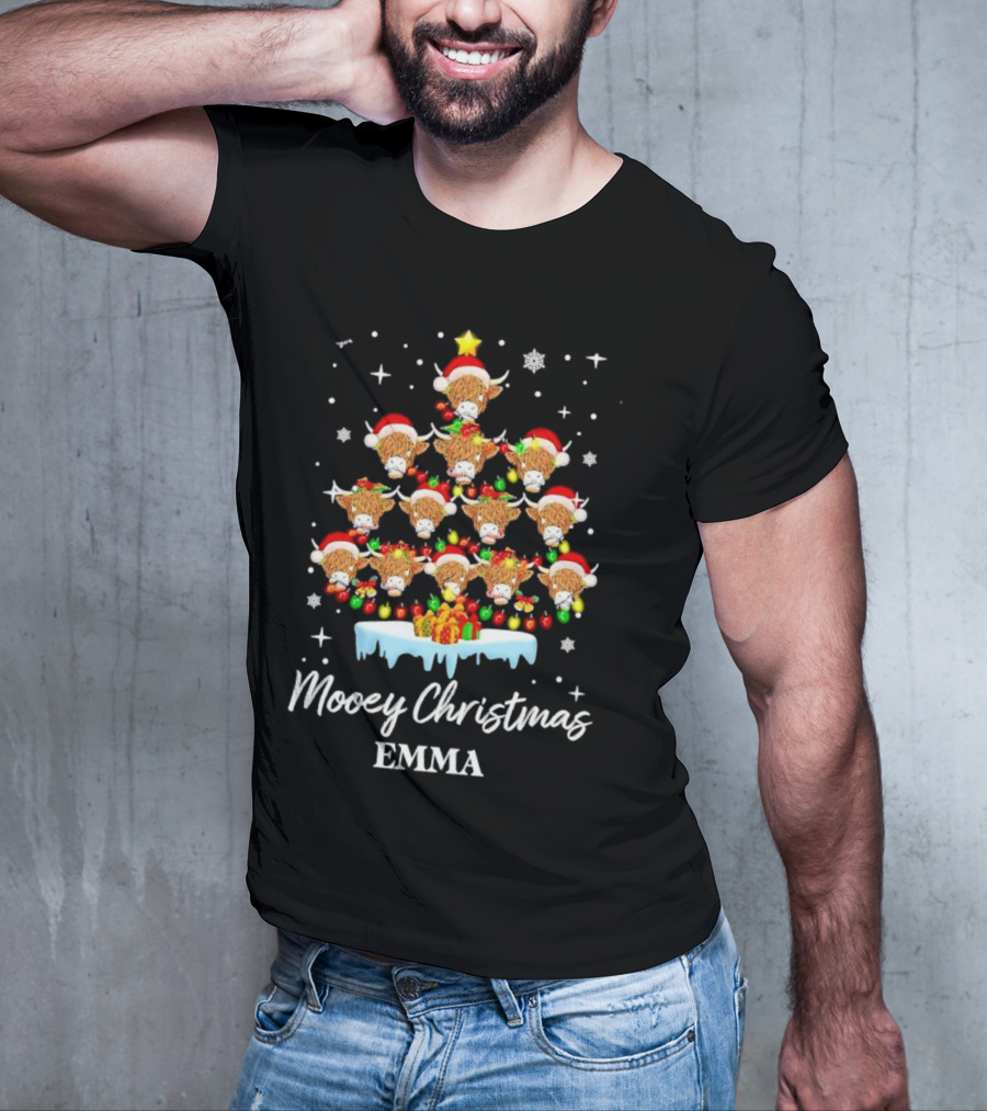 Mooey Christmas Highland Cow Tree Custom Name Emma T-Shirt