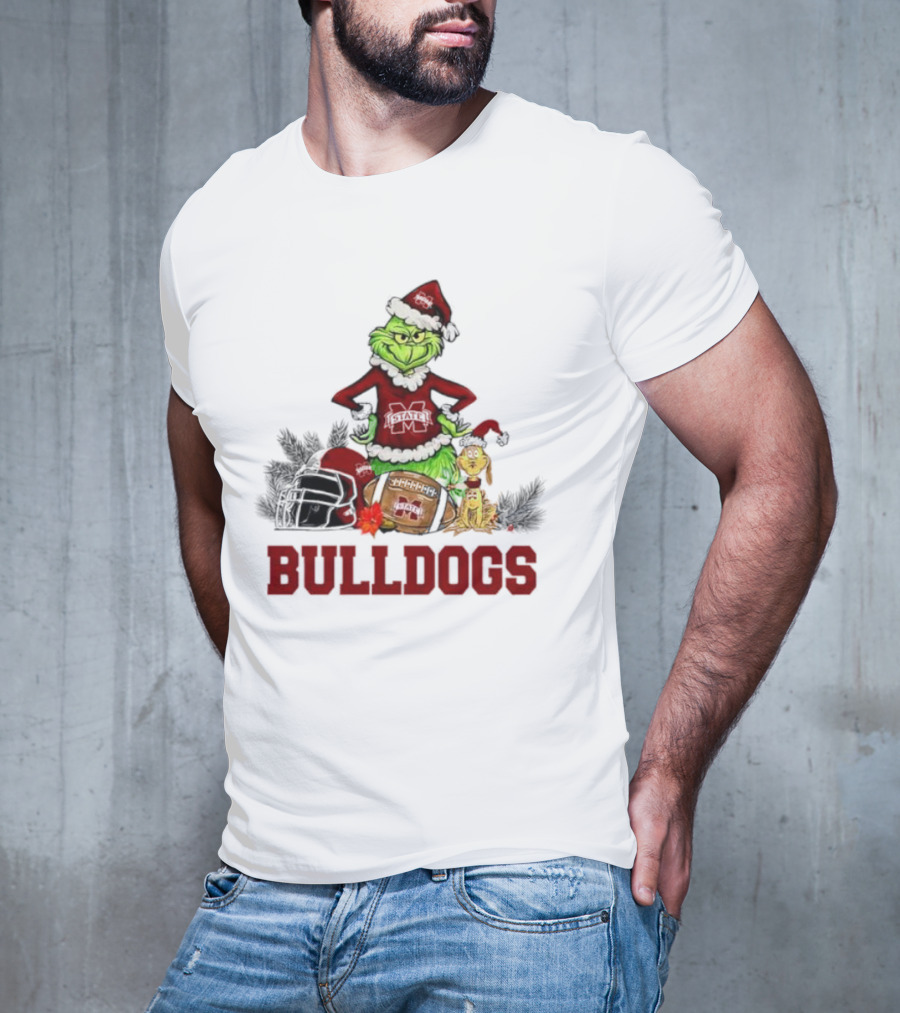 Bulldogs Grinch Max Dog Christmas Football Santa Hat T-Shirt