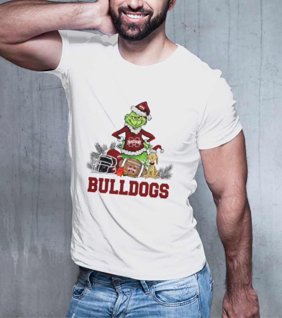Bulldogs Grinch Max Dog Christmas Football Santa Hat T-Shirt