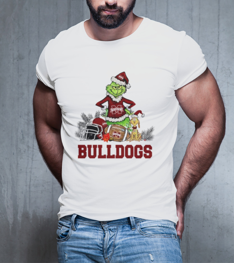 Bulldogs Grinch Max Dog Christmas Football Santa Hat T-Shirt