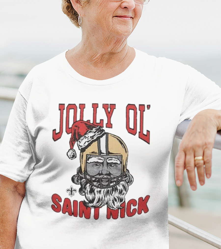 New Orleans Saints Jolly Ol’ Saint Nick With Santa Hat And Fleur-de-Lis Football Helmet Christmas T-Shirt