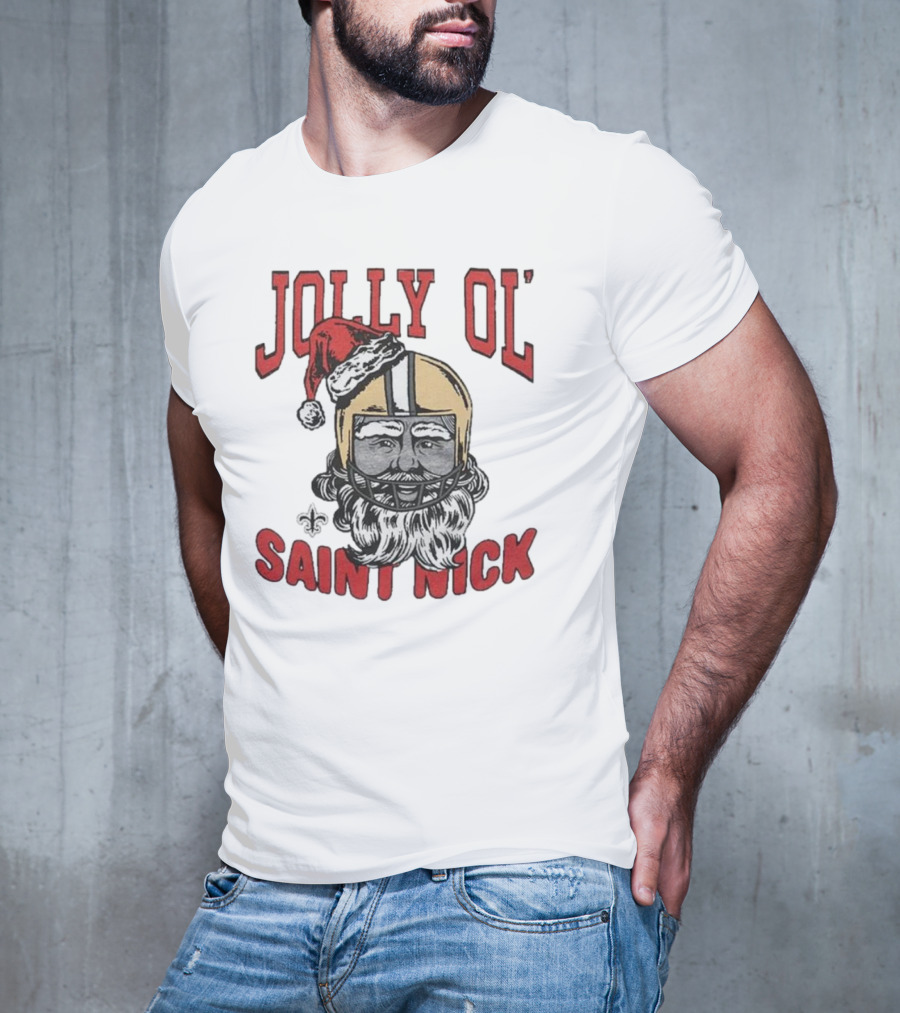 New Orleans Saints Jolly Ol’ Saint Nick With Santa Hat And Fleur-de-Lis Football Helmet Christmas T-Shirt