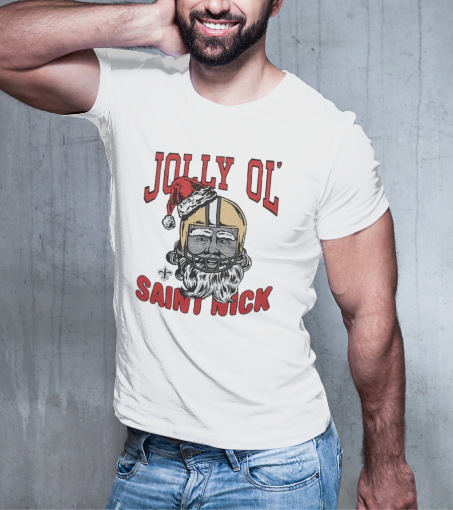 New Orleans Saints Jolly Ol’ Saint Nick With Santa Hat And Fleur-de-Lis Football Helmet Christmas T-Shirt