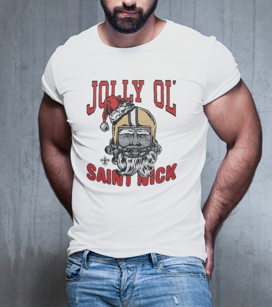 New Orleans Saints Jolly Ol’ Saint Nick With Santa Hat And Fleur-de-Lis Football Helmet Christmas T-Shirt