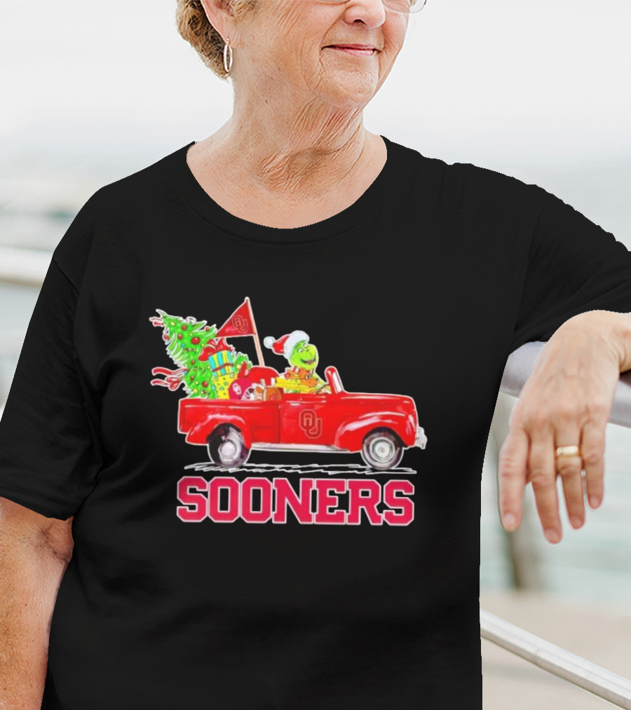 Sooners Grinch Driving Red Truck With Christmas Tree And Gifts T-Shirt