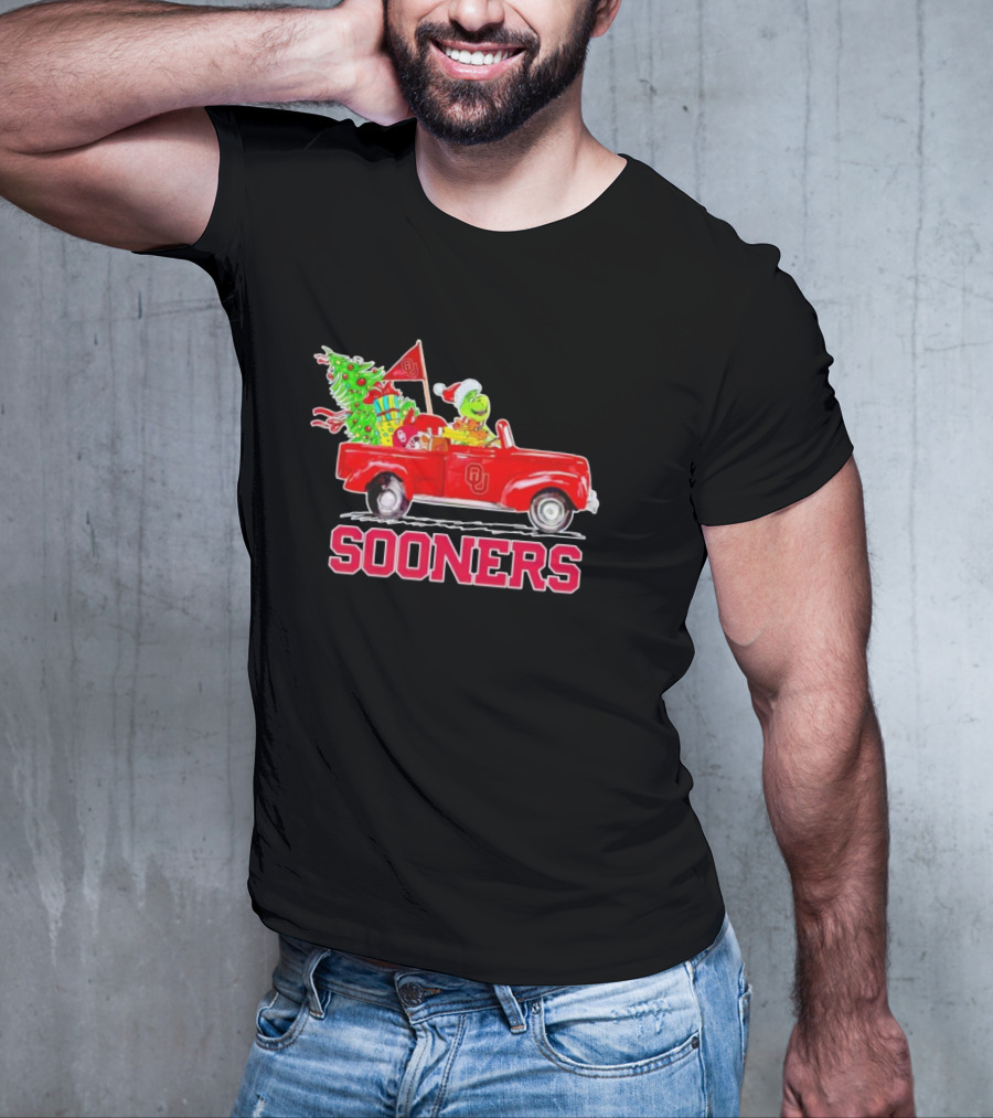 Sooners Grinch Driving Red Truck With Christmas Tree And Gifts T-Shirt