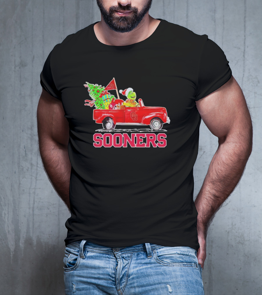 Sooners Grinch Driving Red Truck With Christmas Tree And Gifts T-Shirt