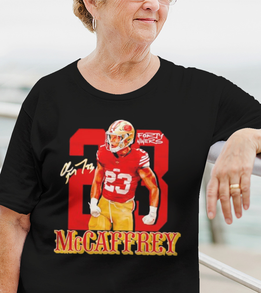 Christian McCaffrey 23 Forty Niners Red And Gold NFL Football Player T-Shirt