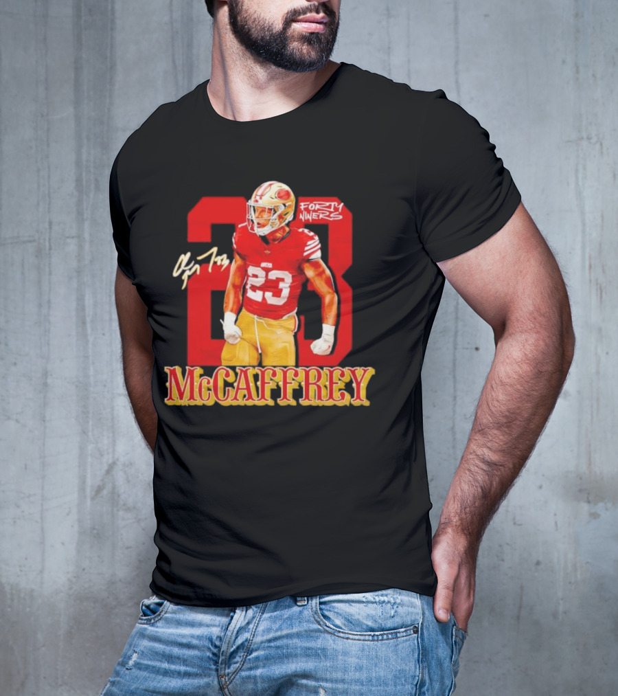 Christian McCaffrey 23 Forty Niners Red And Gold NFL Football Player T-Shirt