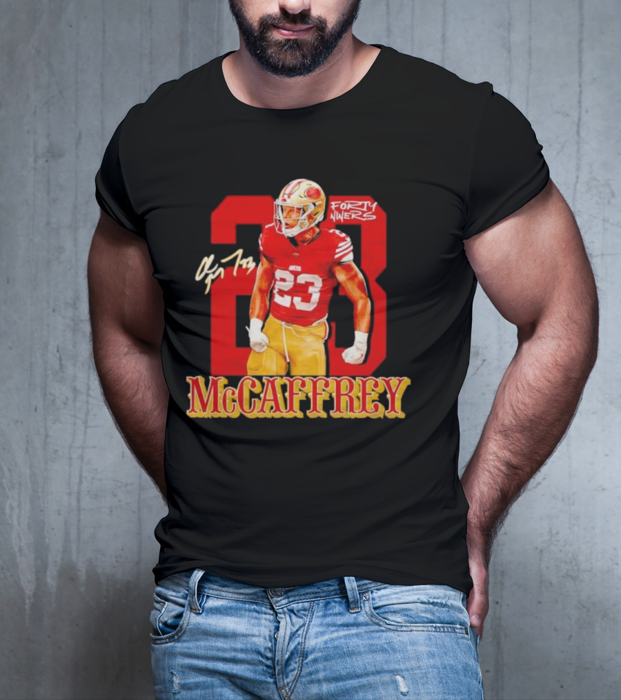 Christian McCaffrey 23 Forty Niners Red And Gold NFL Football Player T-Shirt